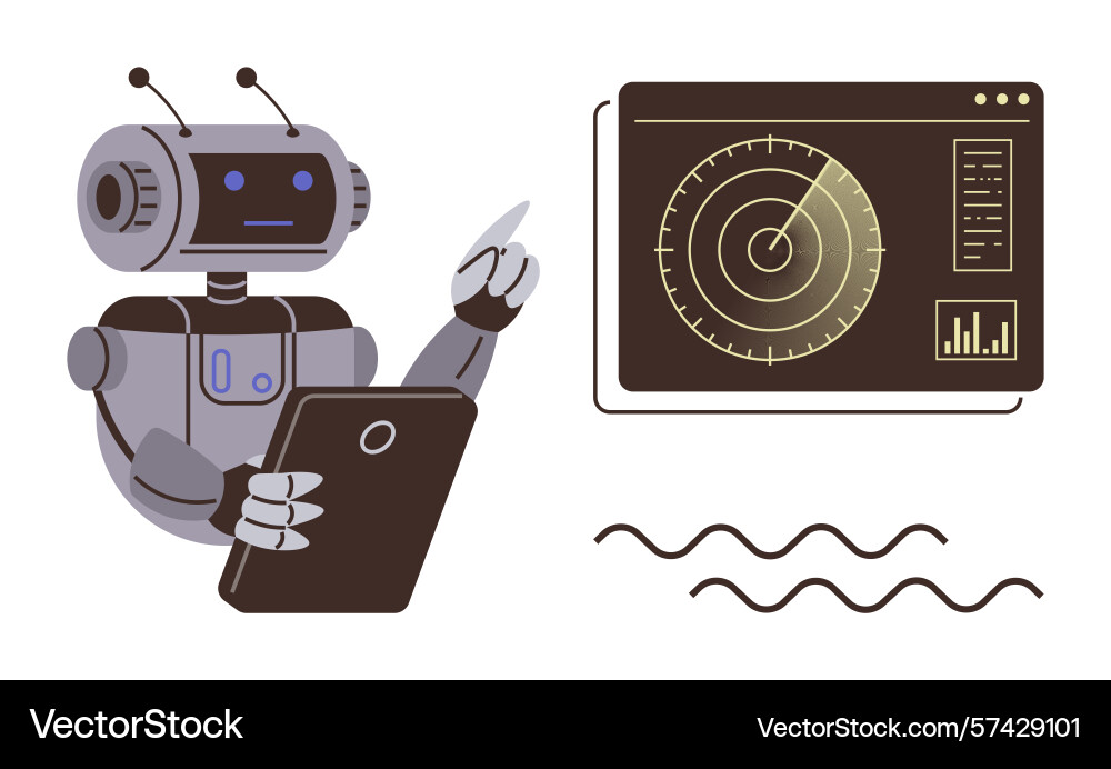 Robot analyzing radar data on tablet Robot analyzing radar data on tablet vector image