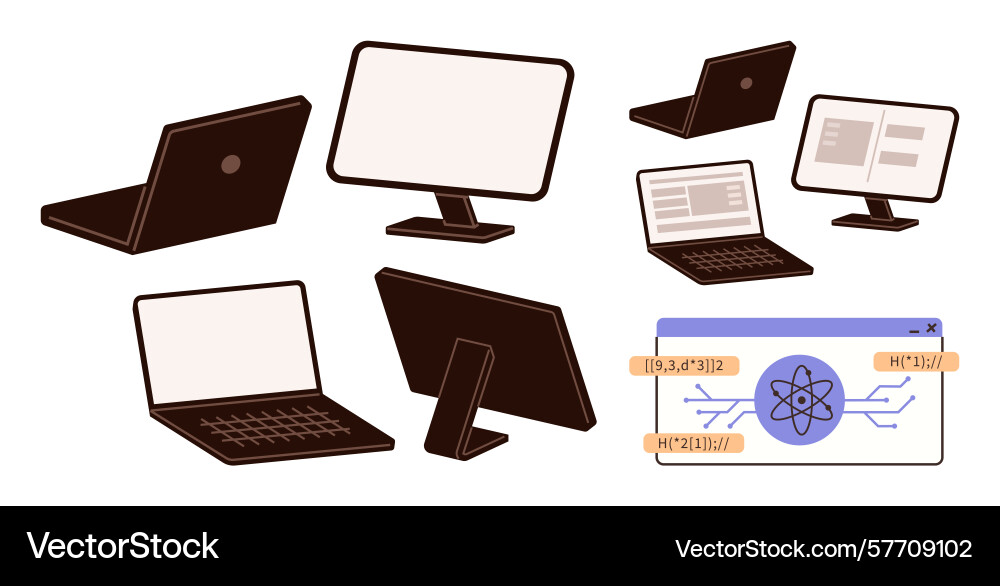 Assorted computers and screens with interfaces vector image
