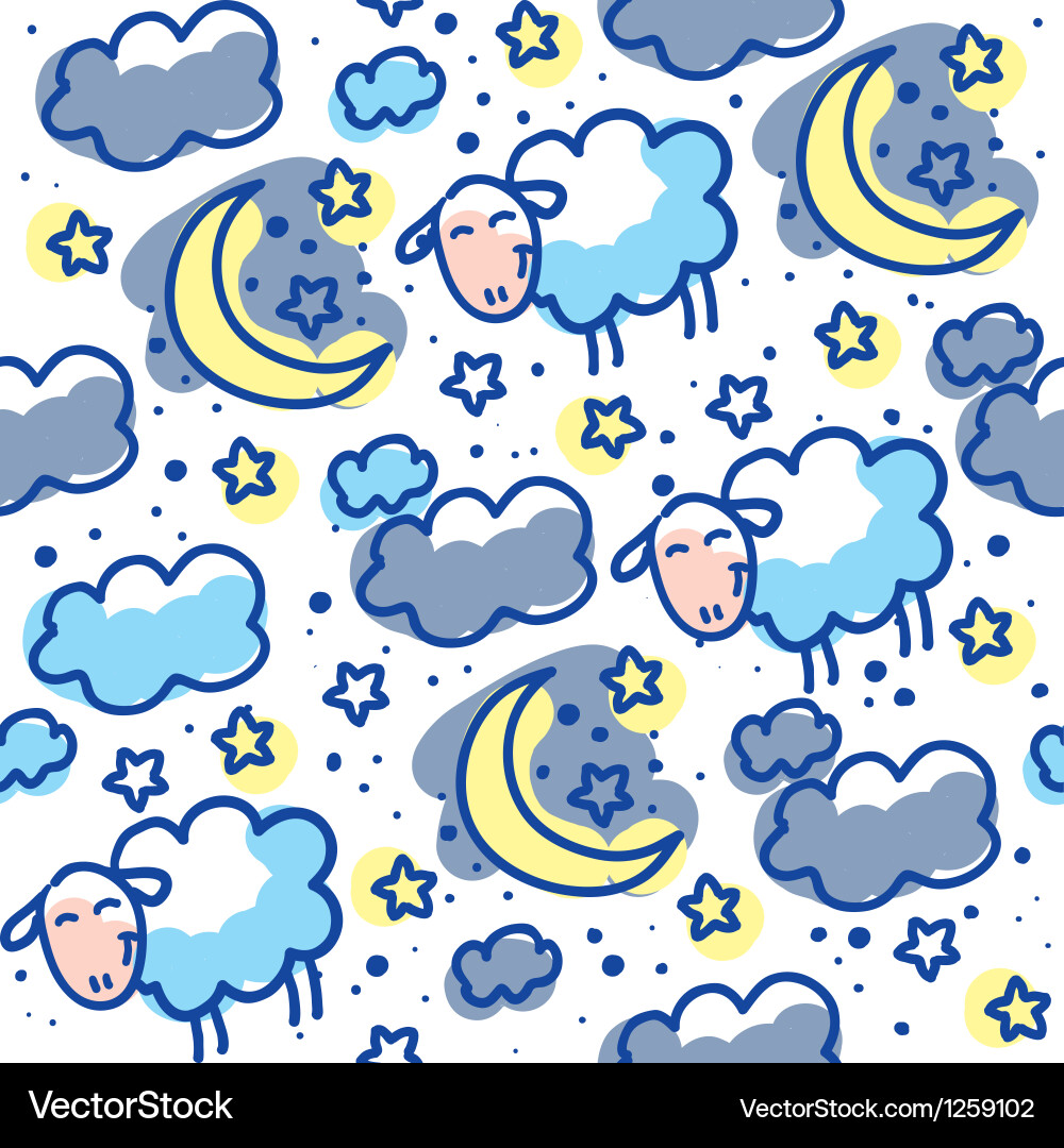 Cute Sheep Pattern with Moon and Clouds vector image