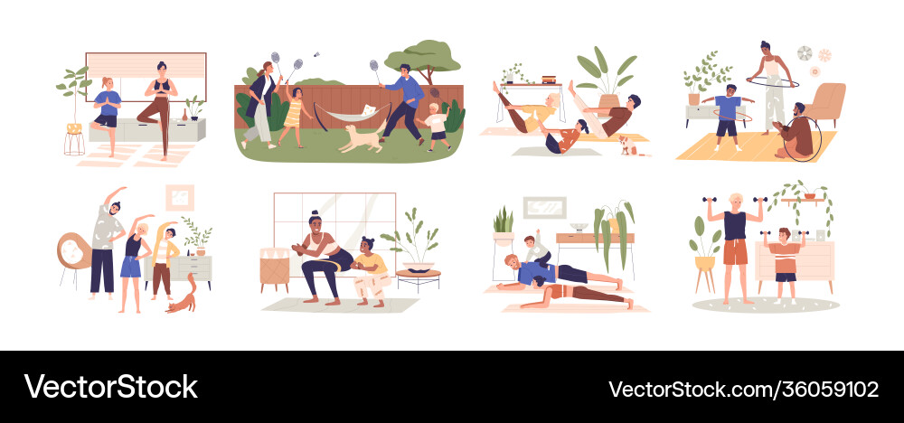 Set healthy families doing sport exercises Set healthy families doing sport exercises vector image