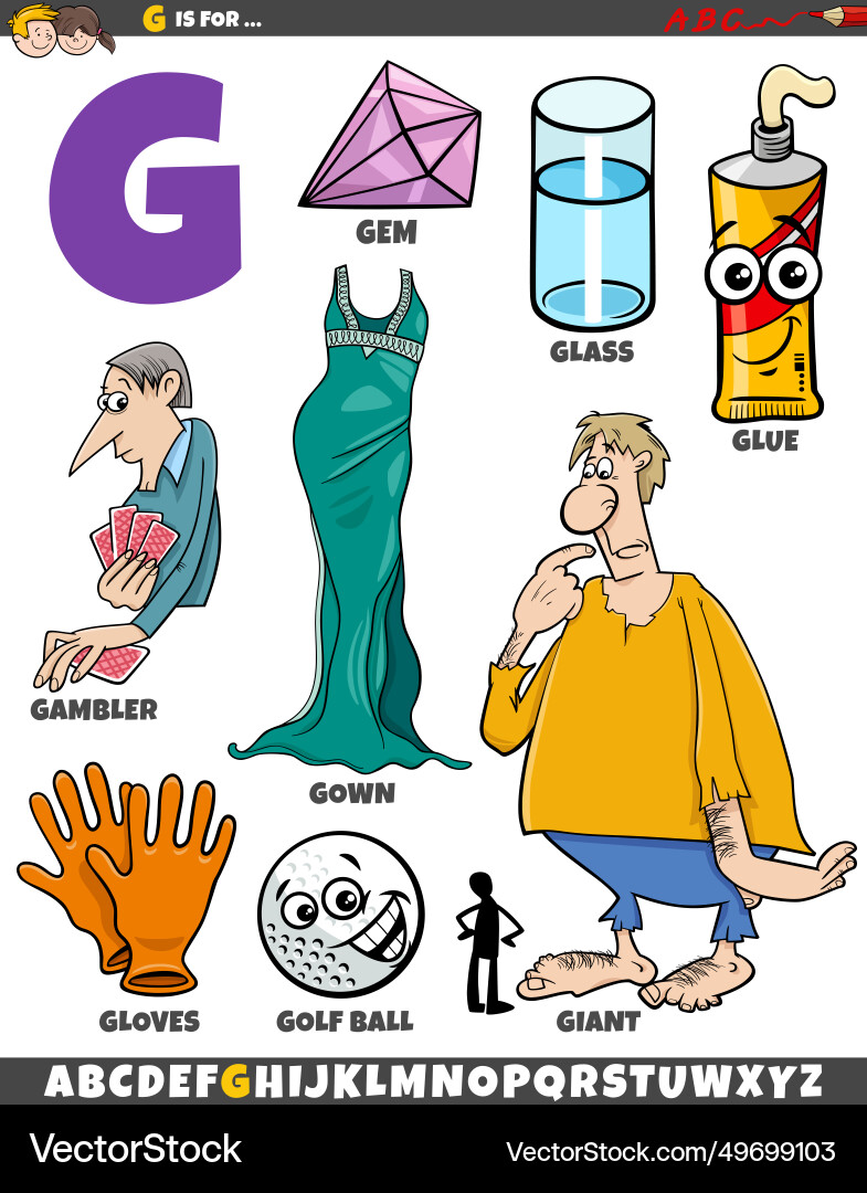 Letter g set with cartoon objects and characters Letter g set with cartoon objects and characters vector image
