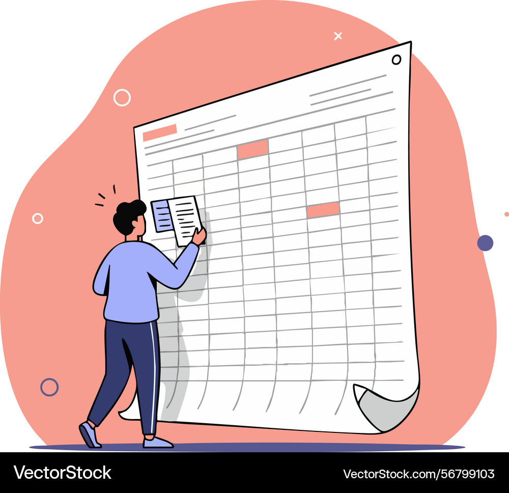 Man reviewing large spreadsheet data analysis Man reviewing large spreadsheet data analysis vector image