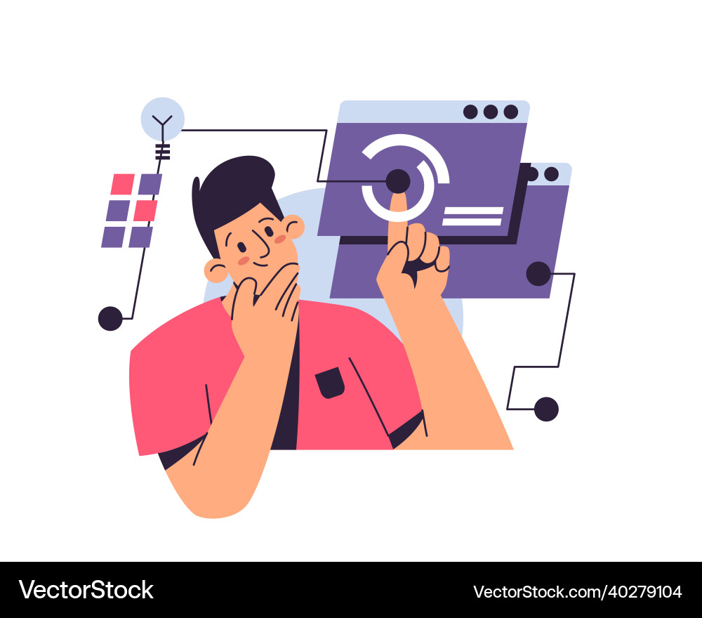 Puzzled man thinking about task data research Puzzled man thinking about task data research vector image