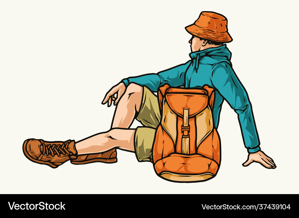 Tourist sitting on floor near backpack vector image