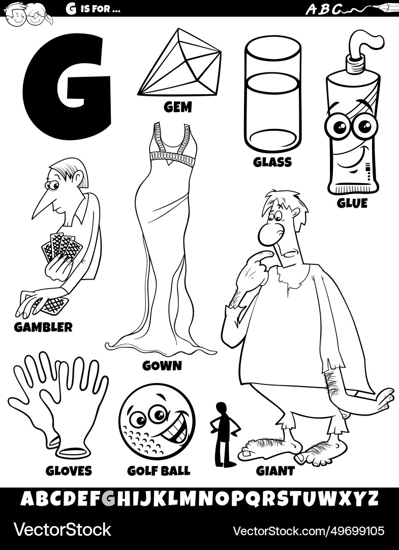 Letter g set with cartoon objects and characters vector image