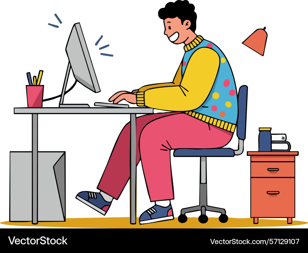 Young man working on computer at desk in colorful Young man working on computer at desk in colorful vector image