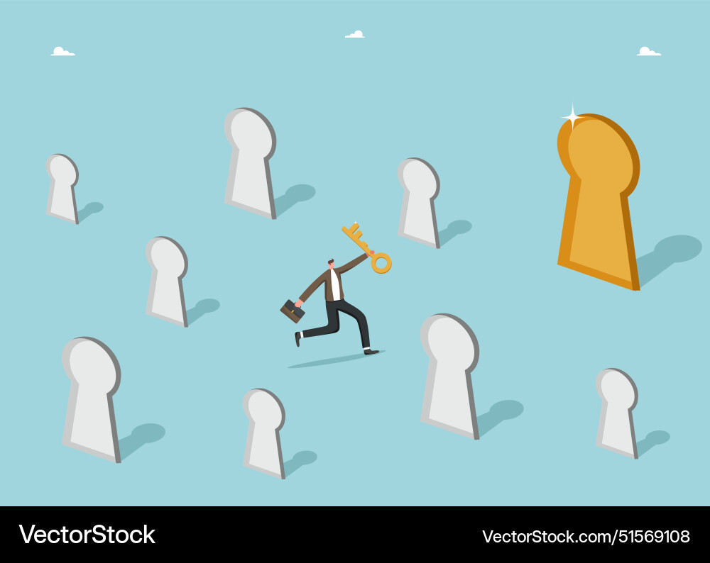 Man with key choosing the right keyhole Man with key choosing the right keyhole Vector Image