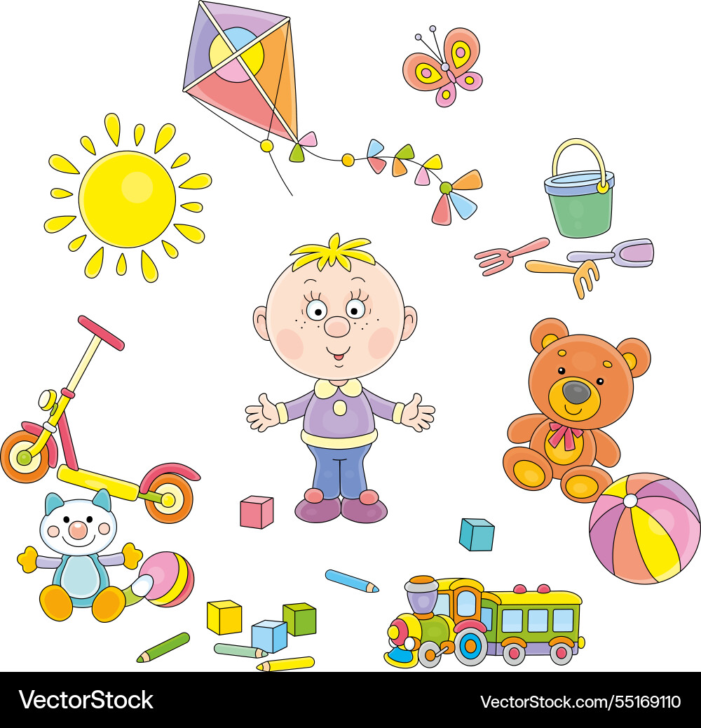 Preschool child surrounded by funny toys Preschool child surrounded by funny toys Vector Image