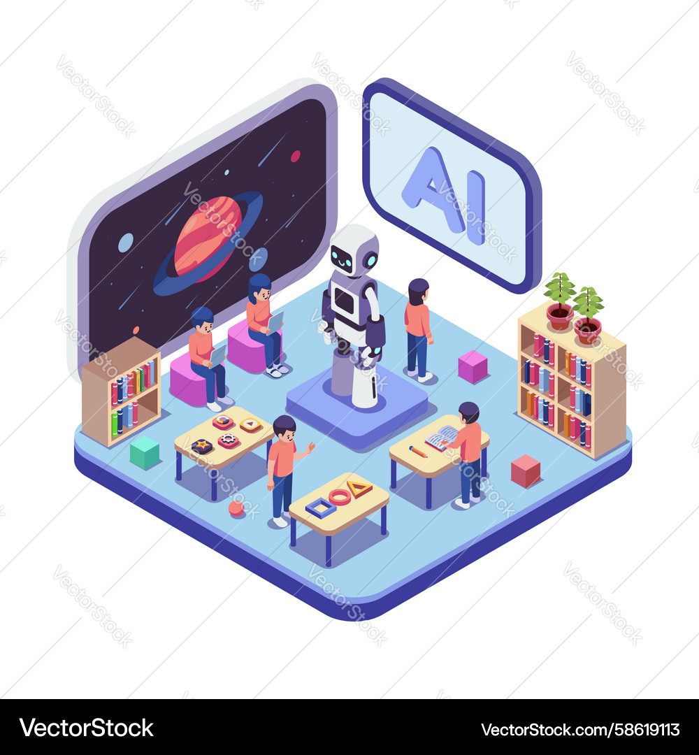 Isometric ai learning environment with robot Isometric ai learning environment with robot Vector Image