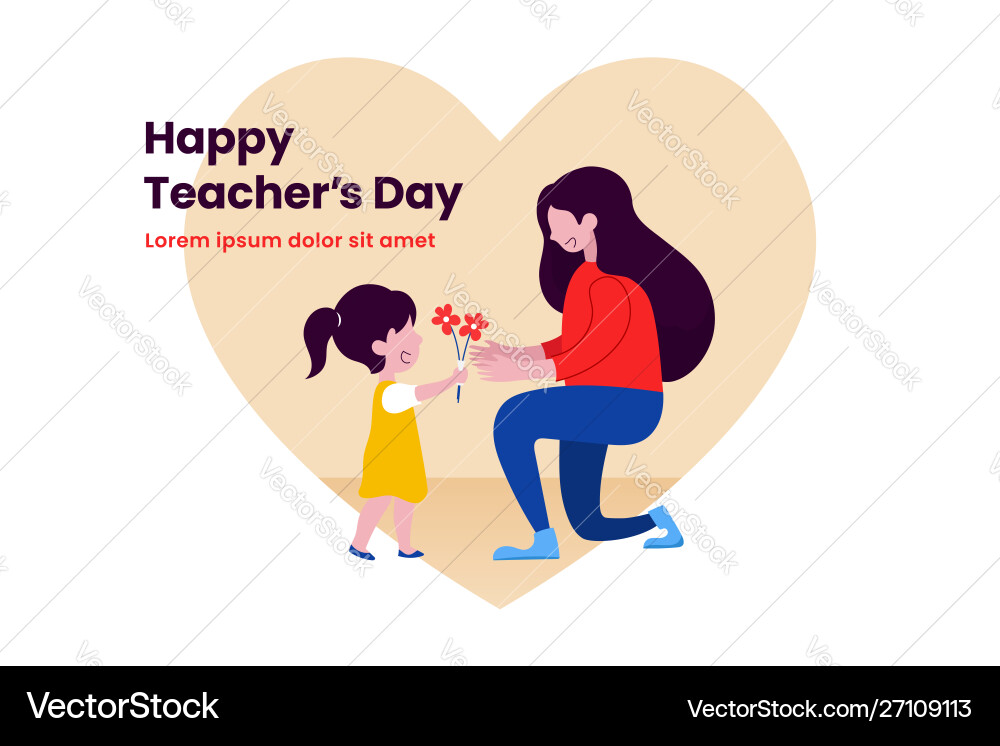 Student girl giving flower to her teacher flat vector image