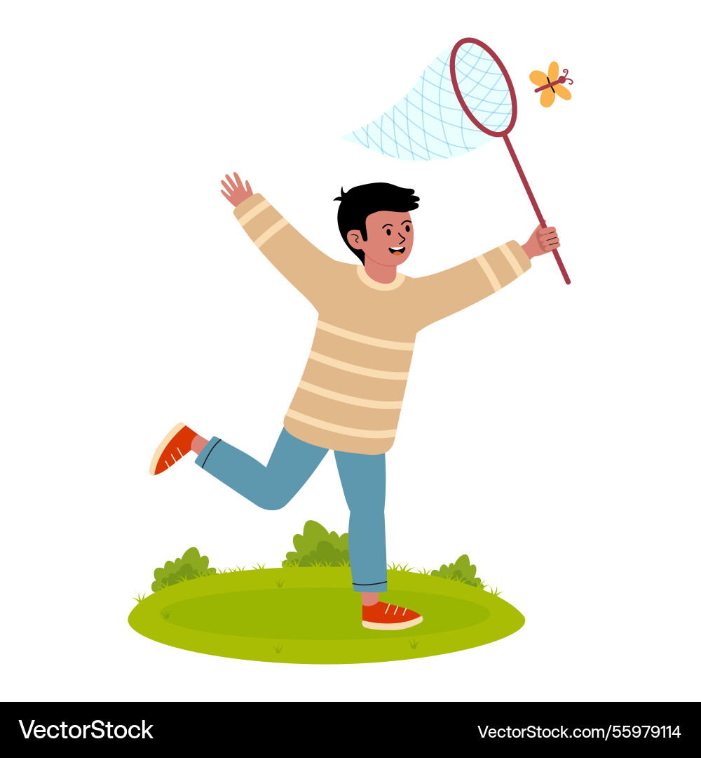 Child happily chasing a butterfly with net vector image
