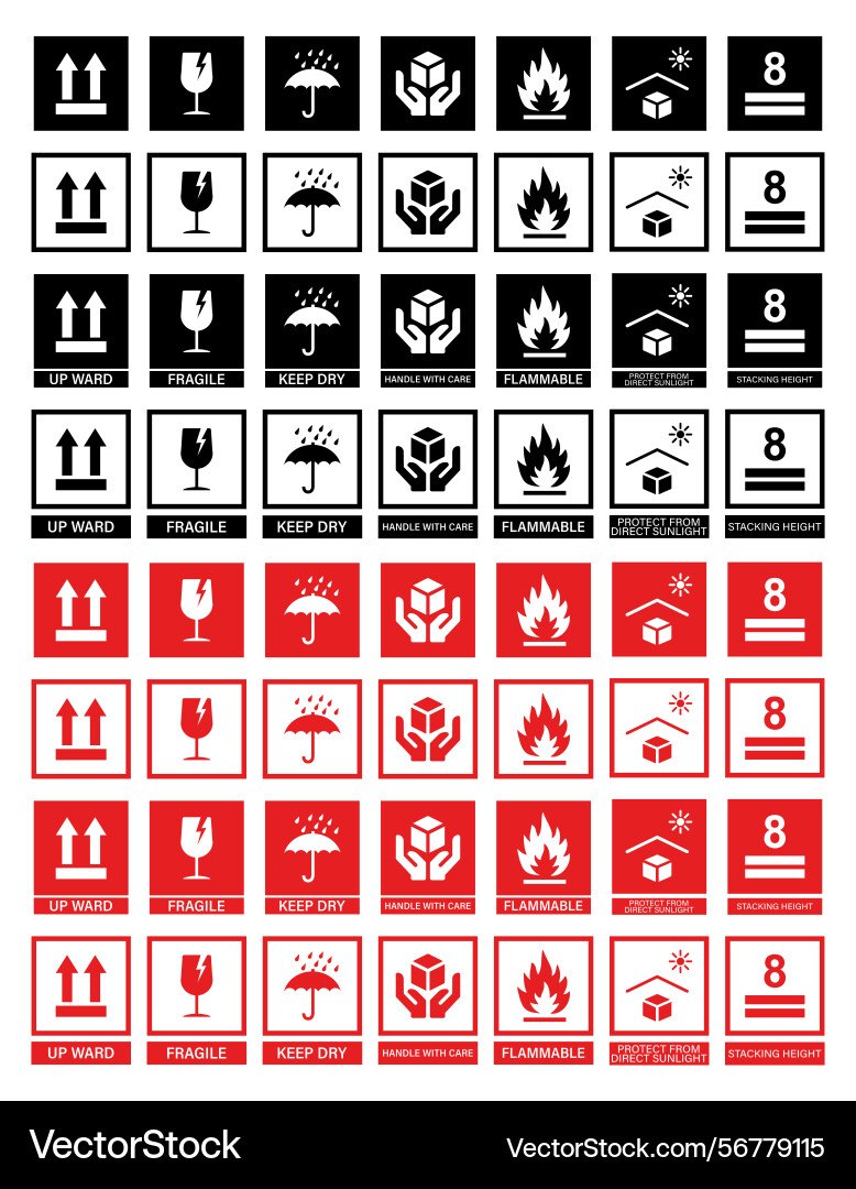 Red packaging box symbols set includes fragile Red packaging box symbols set includes fragile vector image