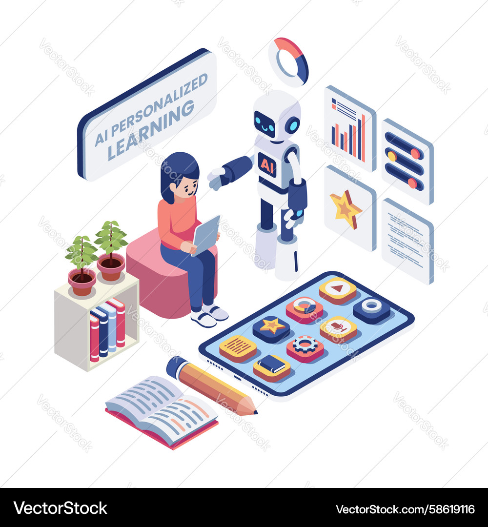 Isometric robot assisting kid with ai powered Vector Image