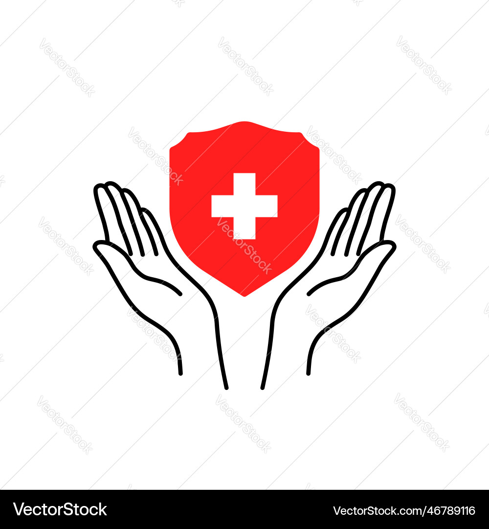 Red shield and cross with two thin line hands Red shield and cross with two thin line hands vector image