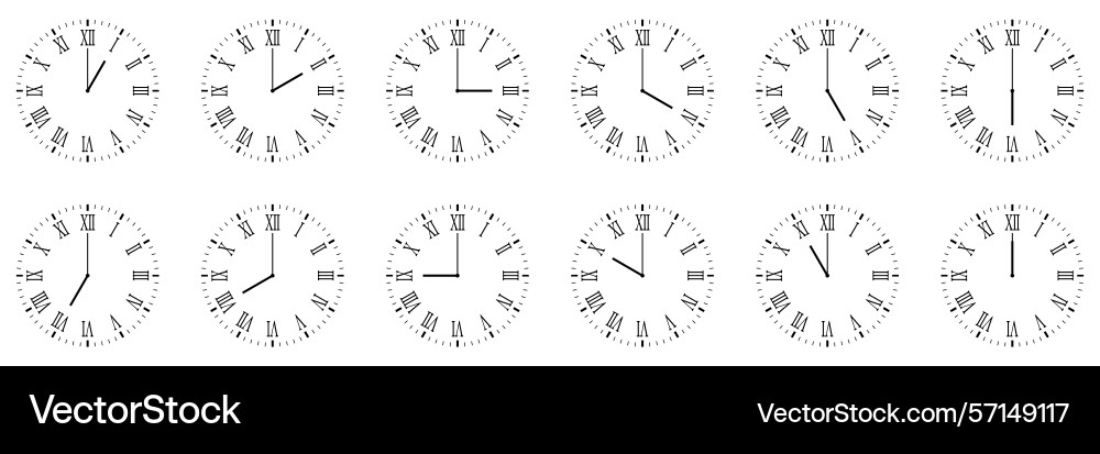 Horizontal set of analog clock icon with roman vector image
