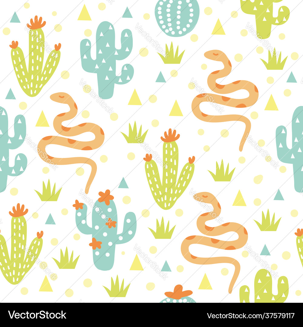 Seamless pattern desert with cactuses and snakes Seamless pattern desert with cactuses and snakes vector image