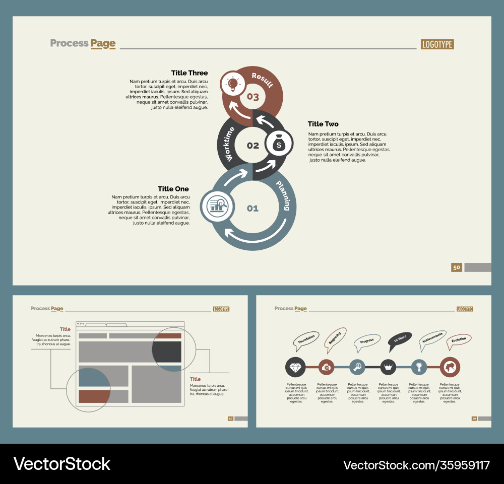 Three workflow slide templates set Three workflow slide templates set Vector Image