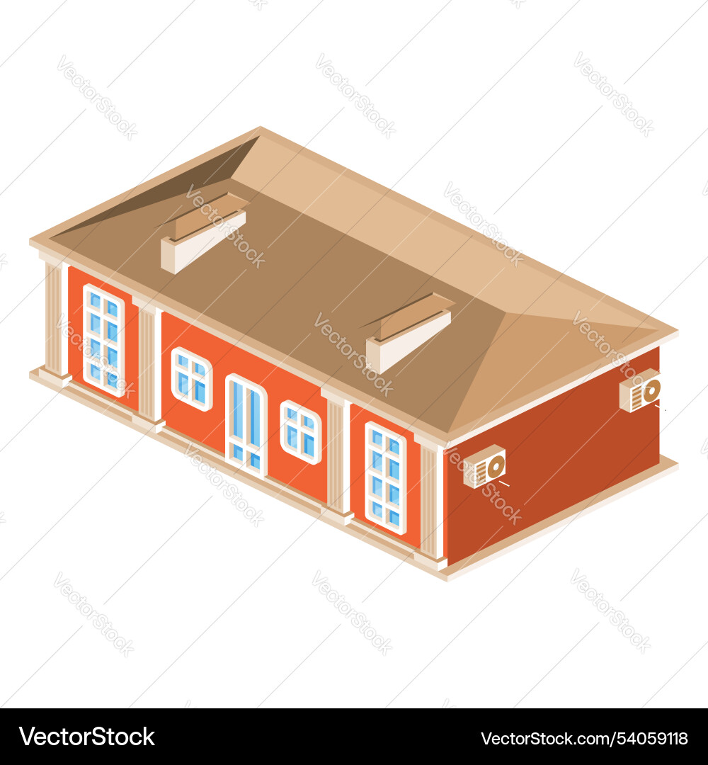 Isometric red building with multiple windows door Vector Image