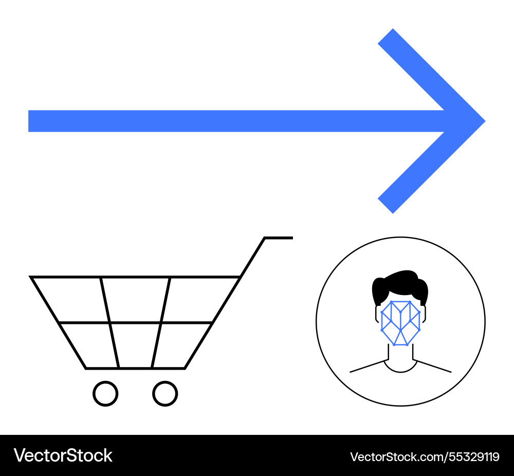 Blue arrow pointing forward with shopping cart Blue arrow pointing forward with shopping cart vector image