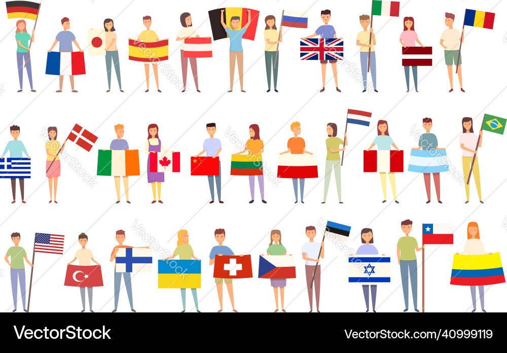 Kid with flag icons set cartoon learn Vector Image