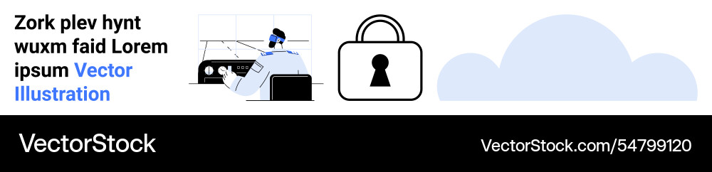 Man working at desk with computer lock icon Man working at desk with computer lock icon Vector Image