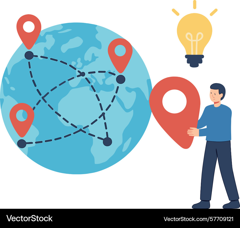 Man putting location pin on globe with connected Man putting location pin on globe with connected vector image