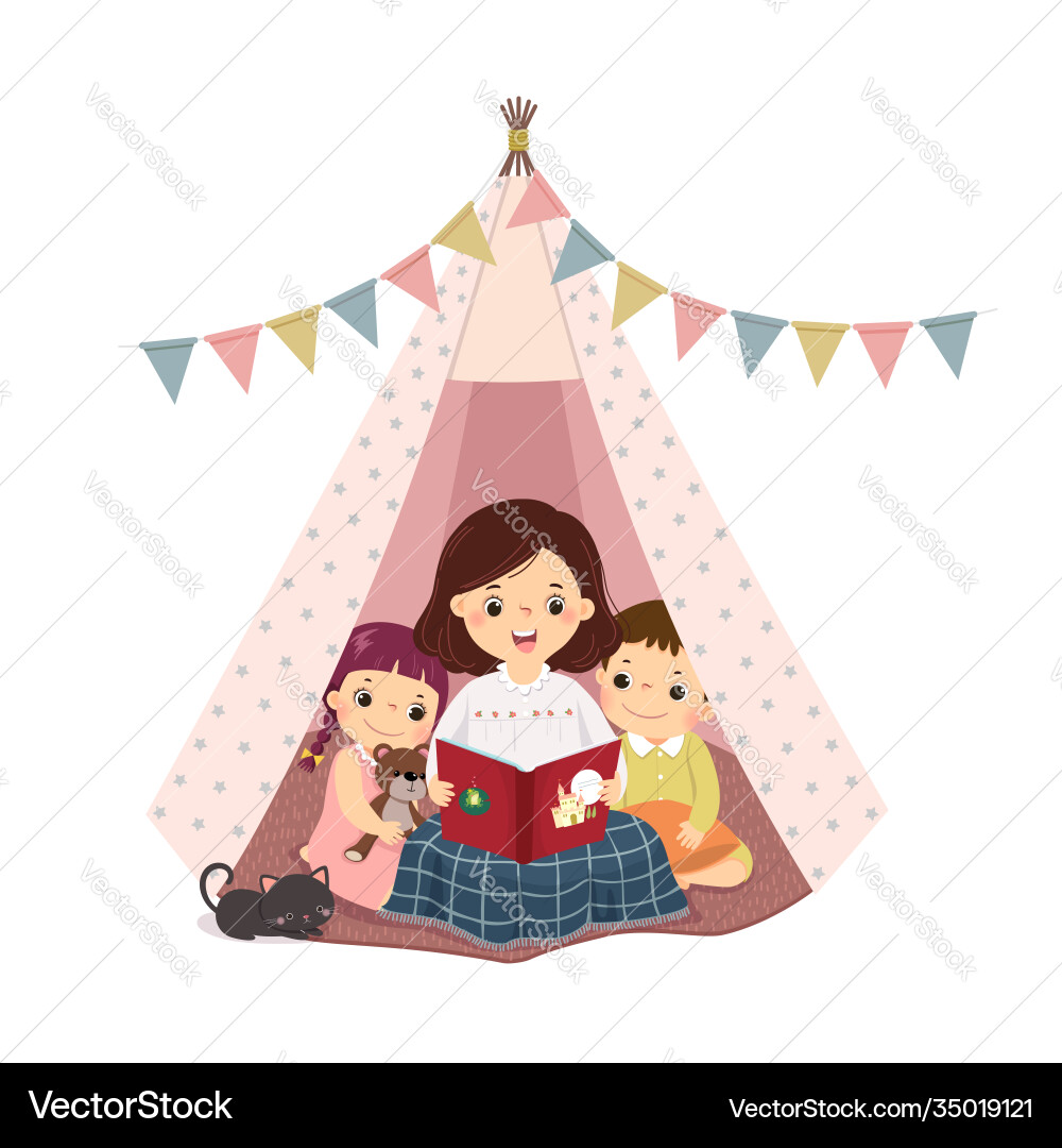 Mother reading book with son and daughter vector image