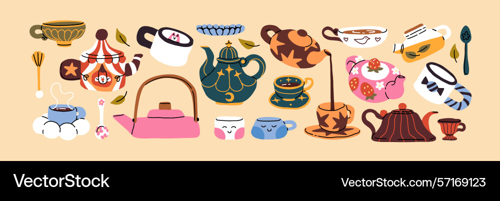 Set of teapots and cups different patterned Set of teapots and cups different patterned Vector Image