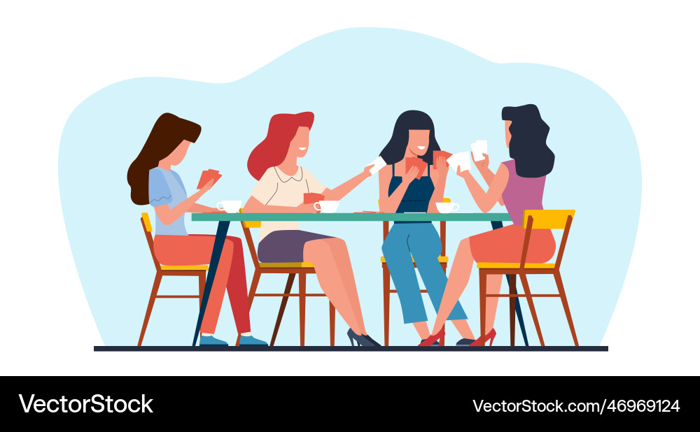 Glückliche Frauen Freunde sitzen um Tisch Glückliche Frauen Freunde sitzen um Tisch vektorbild