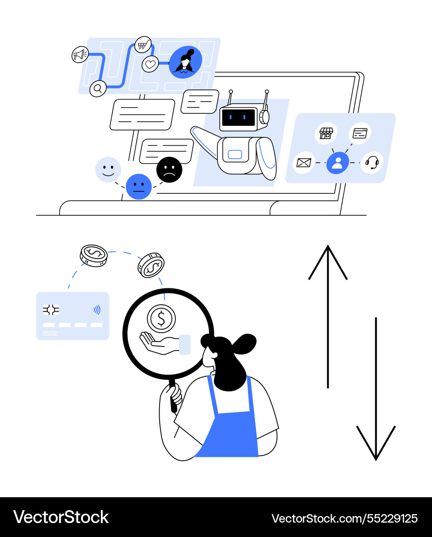 Customer interacting with chatbot on computer Vector Image