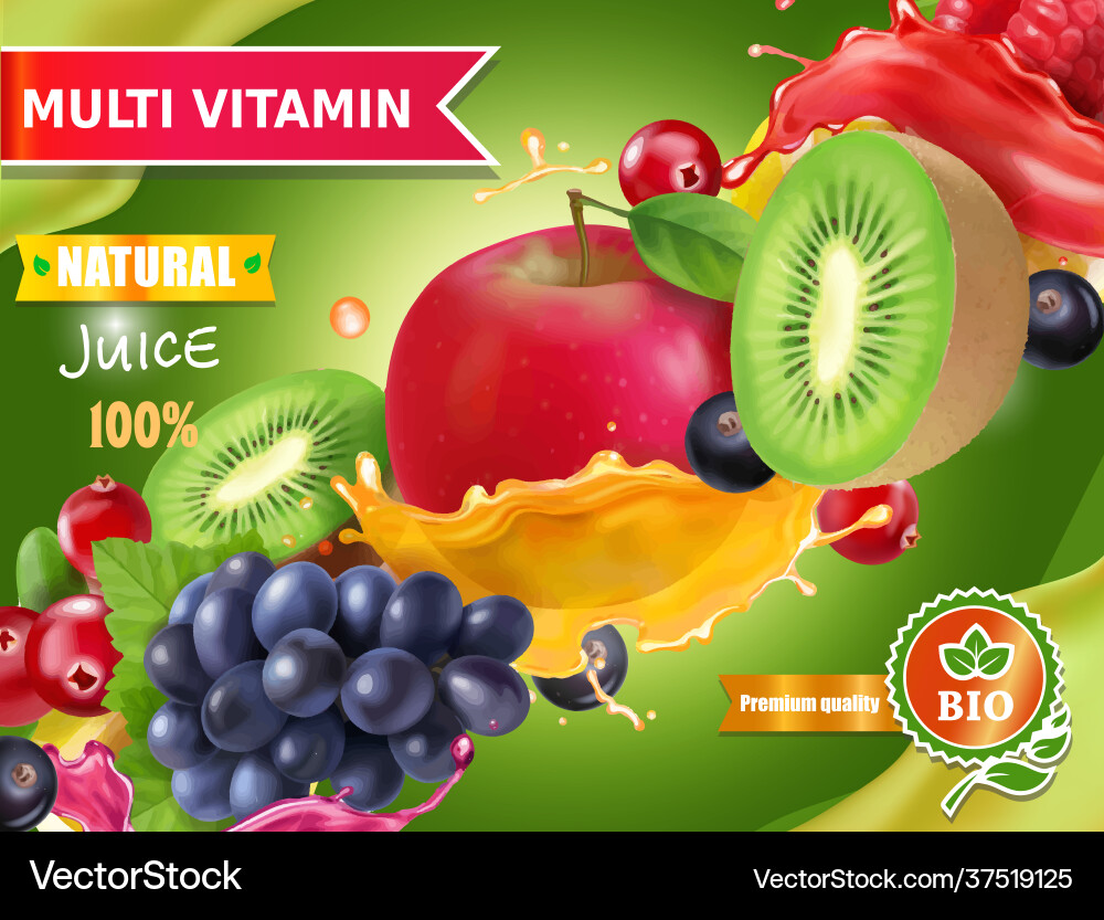 Mixed fruits in juice splash package design cover vector image