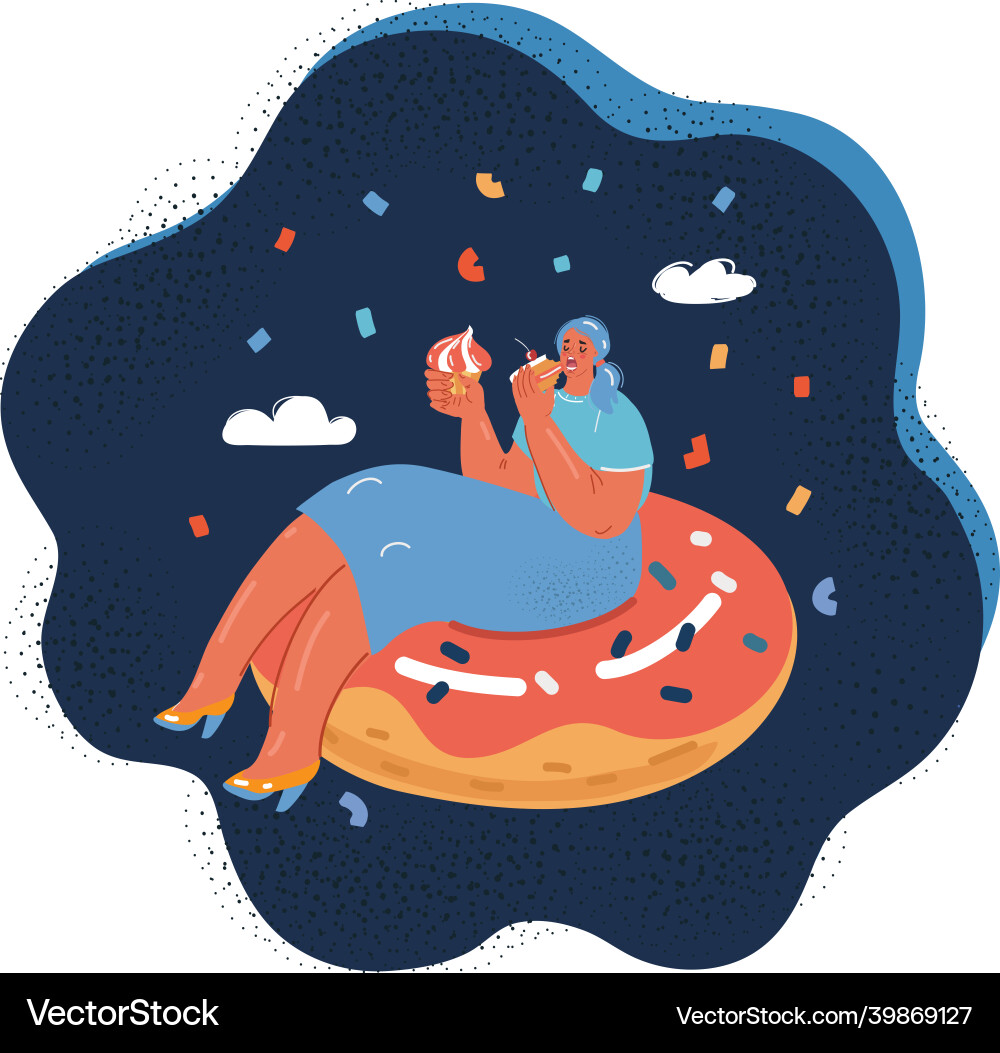 Hungry woman eating cakes Hungry woman eating cakes vector image