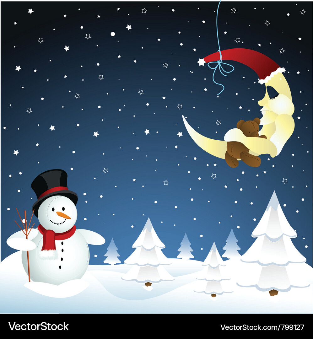 Winter Moon and Snowman Vector Image