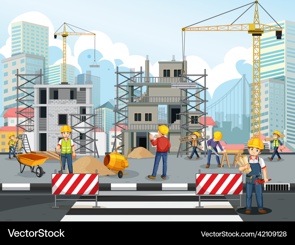 Building construction site with workers Vector Image