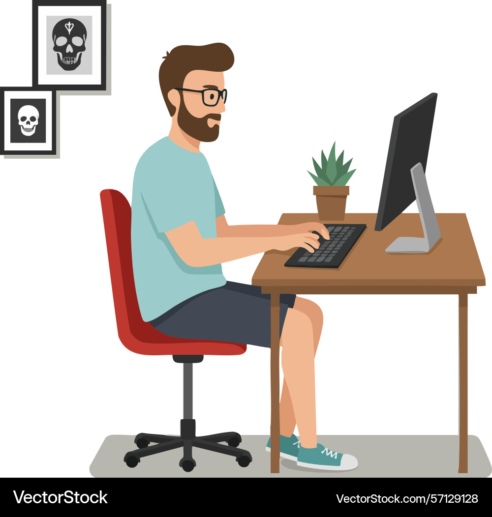 Man working on computer at desk in home office Man working on computer at desk in home office Vector Image