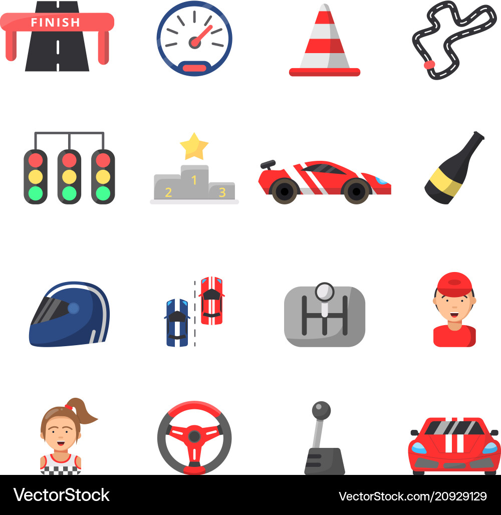 Flat icon set of formula 1 cars and racing symbols Vector Image