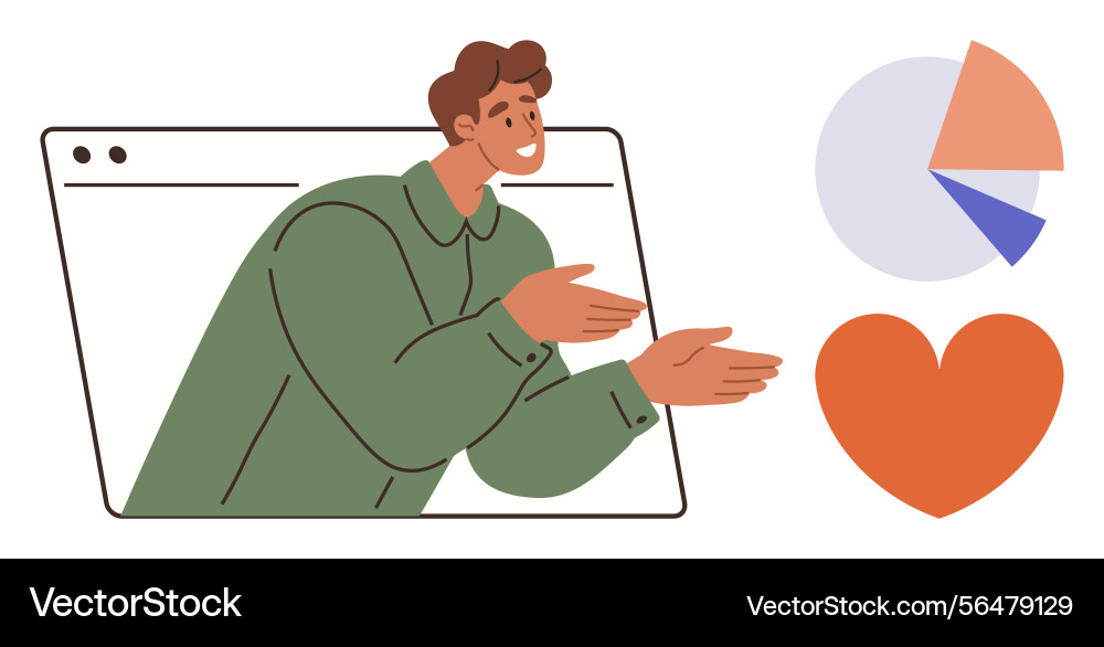 Man emerging from a browser window gesturing Man emerging from a browser window gesturing vector image