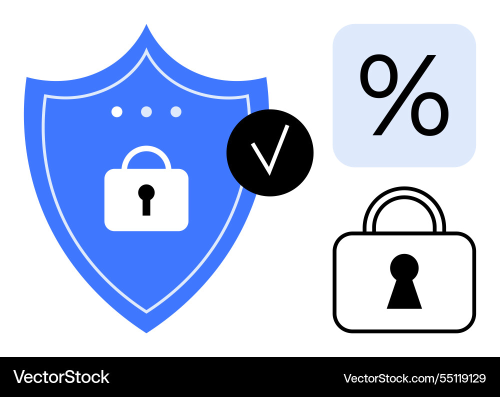 Secure shield with lock checkmark and percent Secure shield with lock checkmark and percent vector image