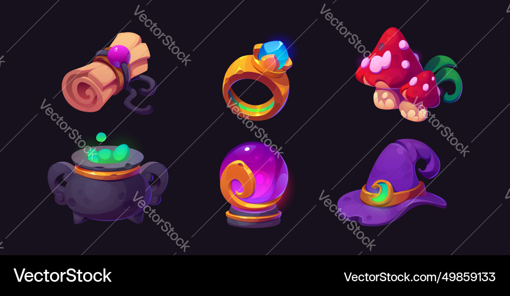 Magic game assets set isolated on black background Magic game assets set isolated on black background vector image