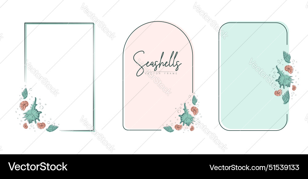 Set of hand drawn line art frames with shells vector image