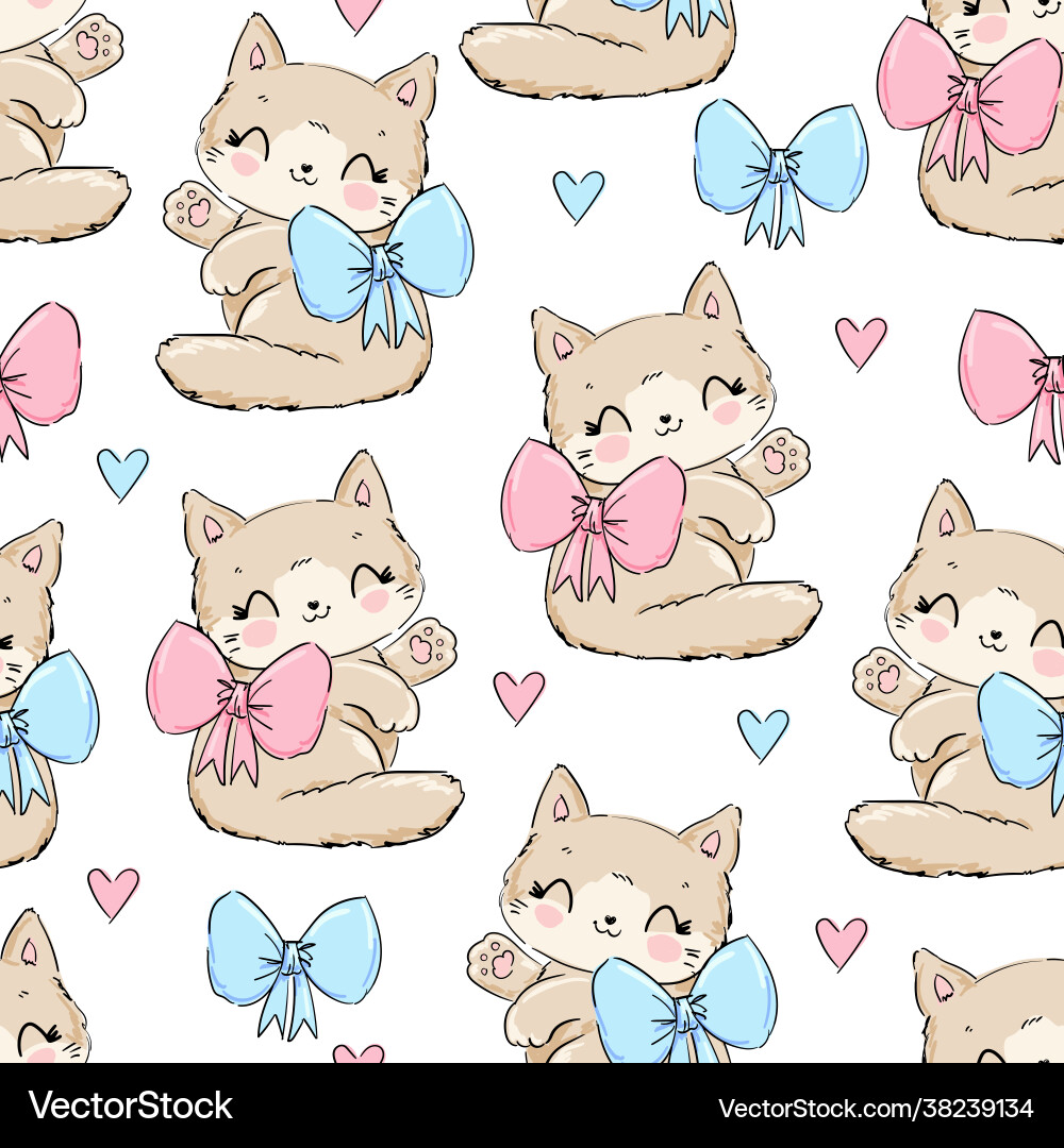 Cute Cat with Bow Seamless Pattern vector image