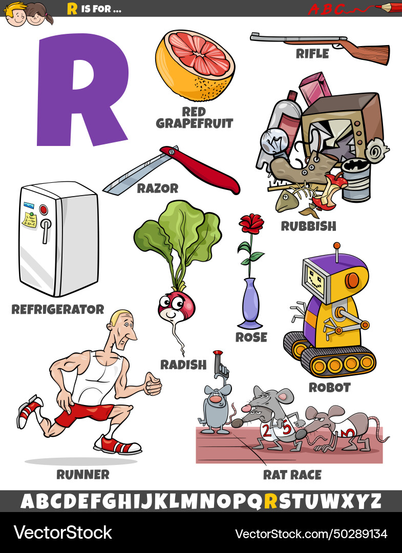 Letter r set with cartoon objects and characters Letter r set with cartoon objects and characters Vector Image