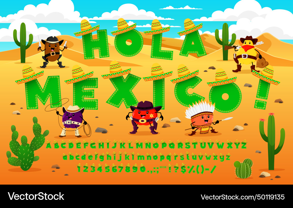 Cartoon mexican font hispanic type in sombrero hat Cartoon mexican font hispanic type in sombrero hat vector image