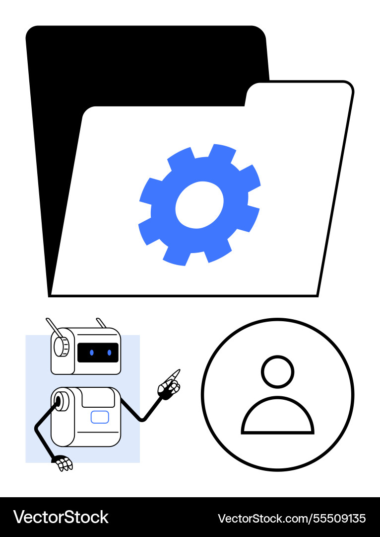 Robot pointing at gear inside folder and user icon Robot pointing at gear inside folder and user icon vector image