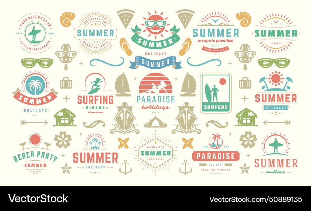 Summer holiday labels and badges design set retro Summer holiday labels and badges design set retro vector image