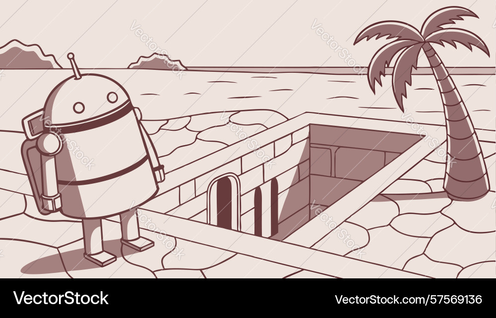 Android robot near ancient temple design vector image