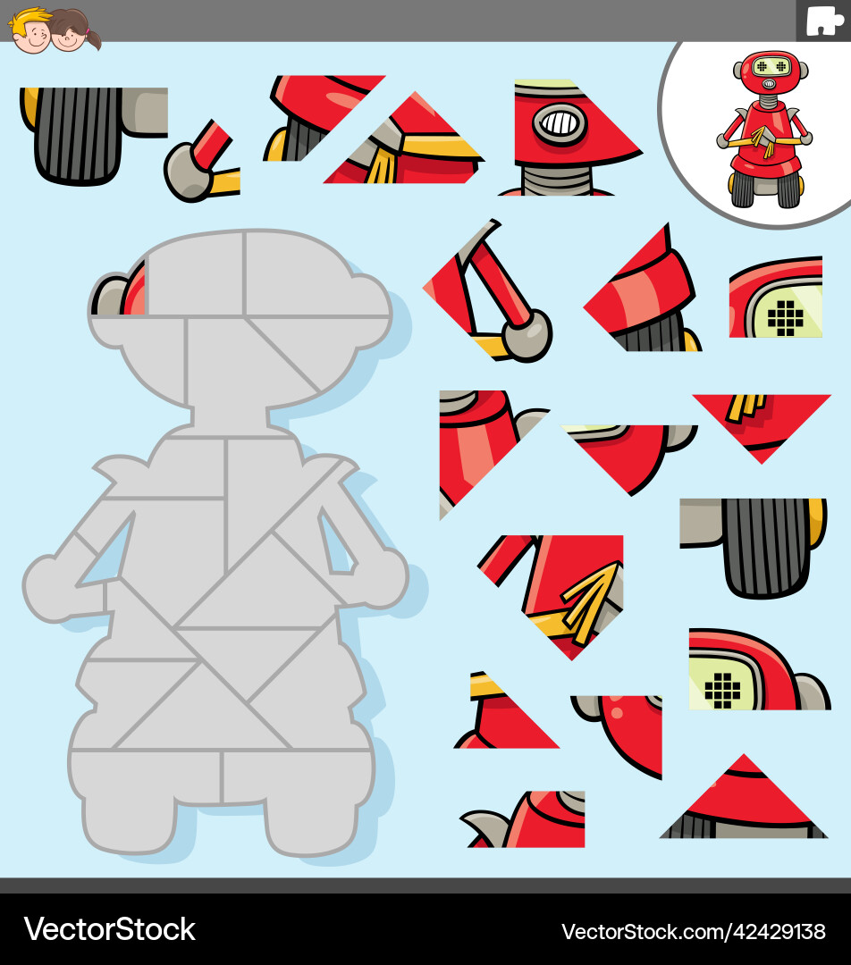 Jigsaw puzzle task with cartoon robot character Jigsaw puzzle task with cartoon robot character Vector Image
