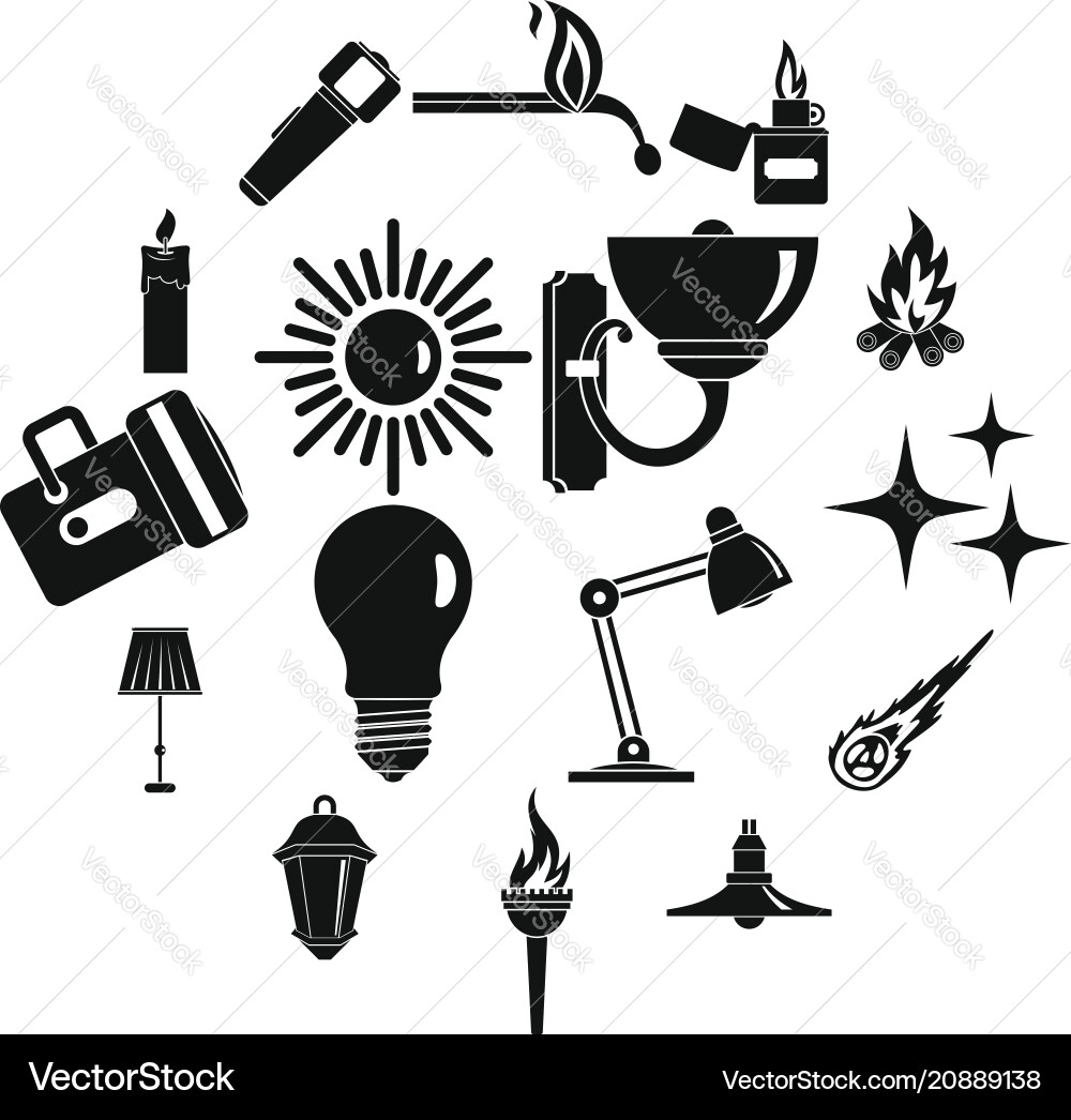 Light source symbols icons set simple style Light source symbols icons set simple style vector image