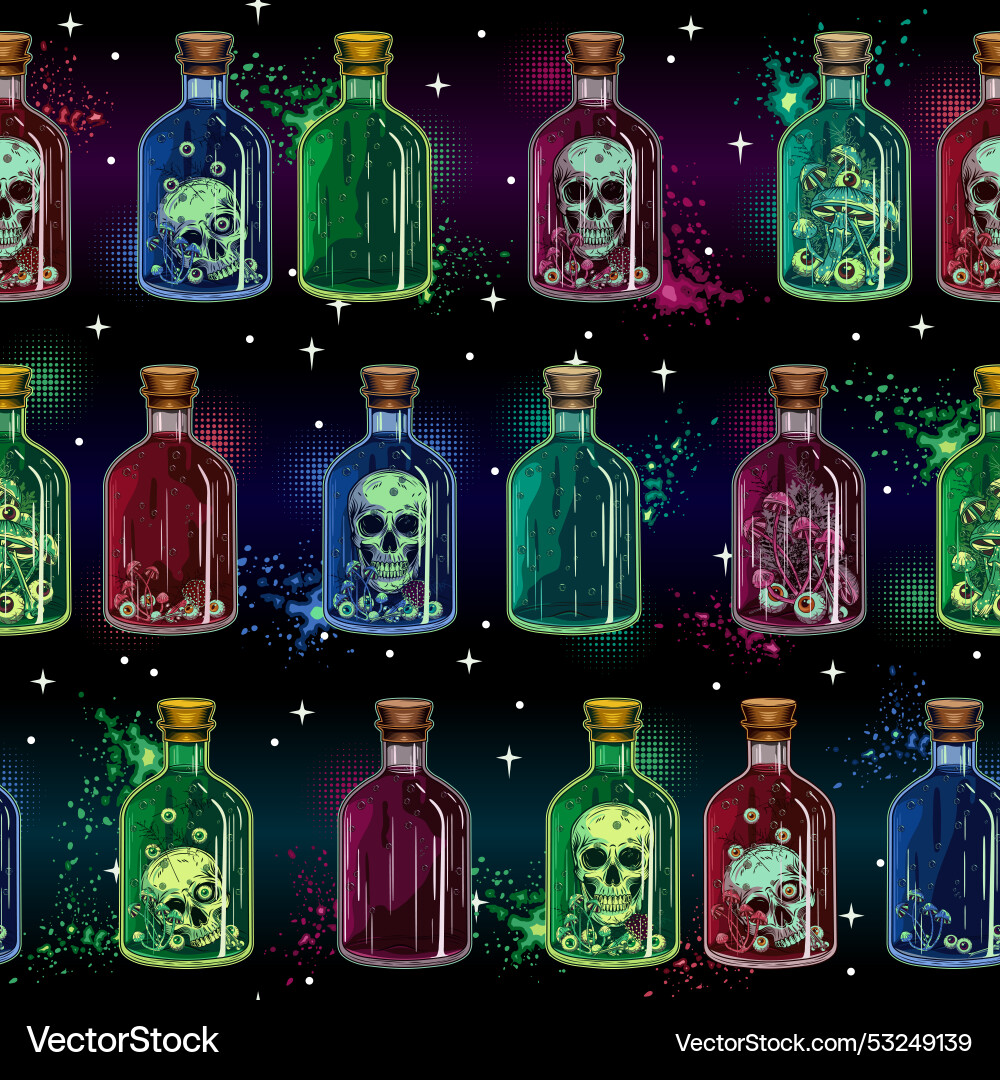 Pattern with lined up colorful bottles potion Pattern with lined up colorful bottles potion vector image