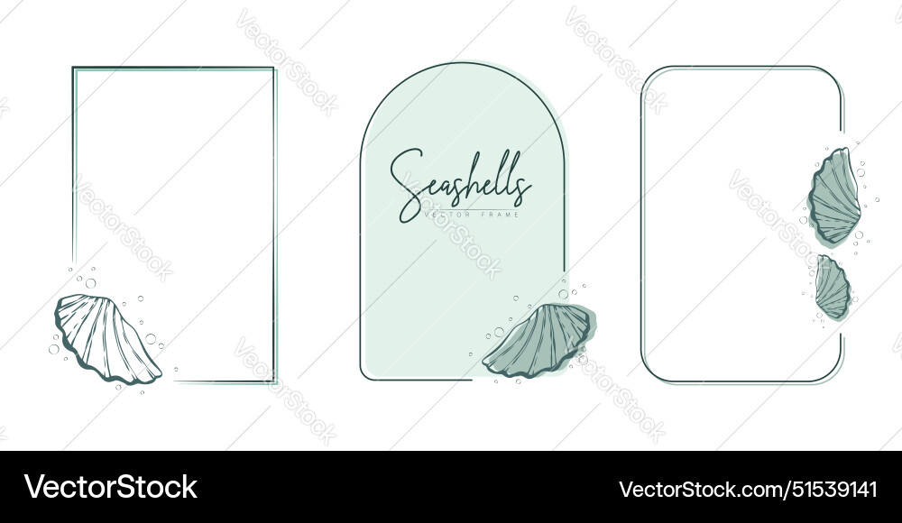 Set of hand drawn line art frames with shells Set of hand drawn line art frames with shells vector image